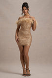 New Money | Gold Bodycon Sequin Mini Dress With Feather Trim