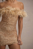 New Money | Gold Bodycon Sequin Mini Dress With Feather Trim