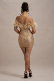 New Money | Gold Bodycon Sequin Mini Dress With Feather Trim