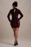 My Light | Berry Sequin High-Neck Long-Sleeve Bodycon Mini Dress