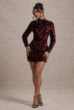 My Light | Berry Sequin High-Neck Long-Sleeve Bodycon Mini Dress