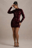 My Light | Berry Sequin High-Neck Long-Sleeve Bodycon Mini Dress