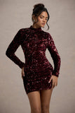 My Light | Berry Sequin High-Neck Long-Sleeve Bodycon Mini Dress