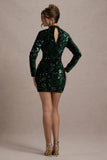 My Light | Bottle Green Sequin High-Neck Long-Sleeve Bodycon Mini Dress