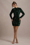 My Light | Bottle Green Sequin High-Neck Long-Sleeve Bodycon Mini Dress