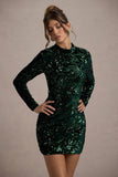 My Light | Bottle Green Sequin High-Neck Long-Sleeve Bodycon Mini Dress