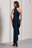 Natalie | Navy Satin One Shoulder Mini Dress With Scarf Detail