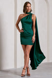 Natalie | Bottle Green Satin One Shoulder Mini Dress With Scarf Detail