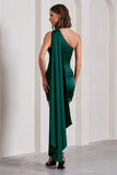 Natalie | Bottle Green Satin One Shoulder Mini Dress With Scarf Detail