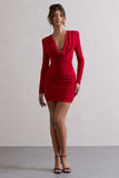 Elara | Red Cowl-Neck Ruched Bodycon Long-Sleeve Mini Dress