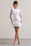 Mariana | White Lace Long-Sleeve Mini Dress With Feather Trim