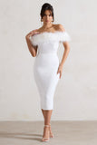 Maiden | White Lace Bardot Midi Dress With Feather Trim