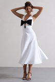 Primrose | White Plunge-Neck Midi Dress With Black Bow