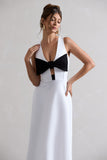 Primrose | White Plunge-Neck Midi Dress With Black Bow