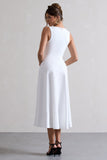 Primrose | White Plunge-Neck Midi Dress With Black Bow