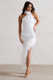 Brilliance | White Asymmetric Maxi Dress With Feather Trim