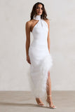 Brilliance | White Asymmetric Maxi Dress With Feather Trim