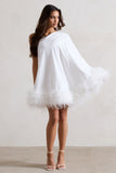 Epiphany | White One Shoulder Cape Sleeve Mini Dress With Feathers