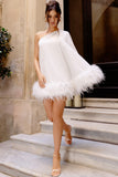 Epiphany | White One Shoulder Cape Sleeve Mini Dress With Feathers