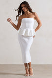 Chicago | White Bodycon Bandeau Midi Dress With Peplum Detail