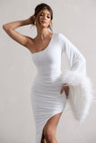 July | White Asymmetric One Shoulder Cape Midi Dress With Feathers