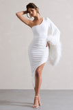 July | White Asymmetric One Shoulder Cape Midi Dress With Feathers