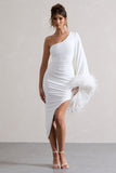 July | White Asymmetric One Shoulder Cape Midi Dress With Feathers