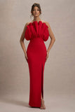 Set The Bar | Red Ruffled Strapless Split Maxi Dress