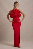 Set The Bar | Red Ruffled Strapless Split Maxi Dress