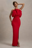 Set The Bar | Red Ruffled Strapless Split Maxi Dress