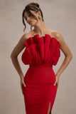 Set The Bar | Red Ruffled Strapless Split Maxi Dress