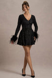 Lopez | Black Sequin Plunge-Neck Feather Trim Mini Dress