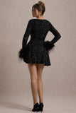 Lopez | Black Sequin Plunge-Neck Feather Trim Mini Dress