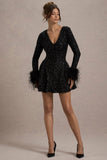 Lopez | Black Sequin Plunge-Neck Feather Trim Mini Dress