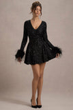 Lopez | Black Sequin Plunge-Neck Feather Trim Mini Dress