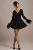 Lopez | Black Sequin Plunge-Neck Feather Trim Mini Dress