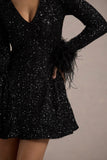 Lopez | Black Sequin Plunge-Neck Feather Trim Mini Dress