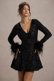 Lopez | Black Sequin Plunge-Neck Feather Trim Mini Dress