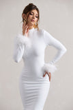 Khalia | White High-Neck Feather-Cuff Maxi Dress