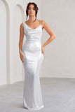 Galaxy Shimmer | Silver Bias Cut Cowl Front Maxi Dress