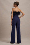 First Class | Navy Bandeau Feather Wide Leg Jumpsuit