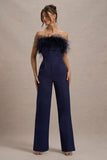 First Class | Navy Bandeau Feather Wide Leg Jumpsuit