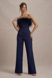 First Class | Navy Bandeau Feather Wide Leg Jumpsuit