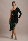 Lorena | Bottle Green Sequin Velvet One Shoulder Mini Dress With Drape Detail