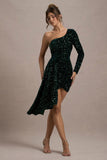 Lorena | Bottle Green Sequin Velvet One Shoulder Mini Dress With Drape Detail