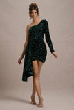 Lorena | Bottle Green Sequin Velvet One Shoulder Mini Dress With Drape Detail