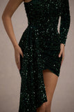 Lorena | Bottle Green Sequin Velvet One Shoulder Mini Dress With Drape Detail