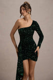 Lorena | Bottle Green Sequin Velvet One Shoulder Mini Dress With Drape Detail