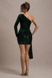 Lorena | Bottle Green Sequin Velvet One Shoulder Mini Dress With Drape Detail