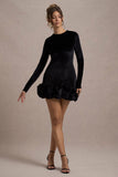 Claudine | Black Velvet Long-Sleeved Ruffled Mini Dress